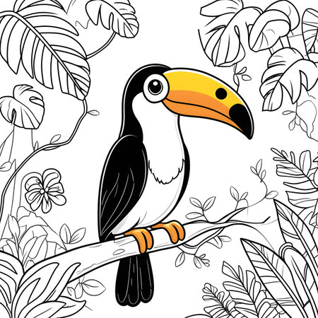 Toucan sitting on a branch among tropical leaves. Vector illustration.の素材