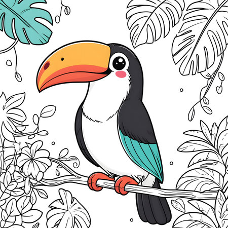 Toucan sitting on a branch in the jungle. Vector illustration.の素材