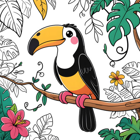 Seamless pattern with toucan and tropical leaves. Vector illustration.の素材