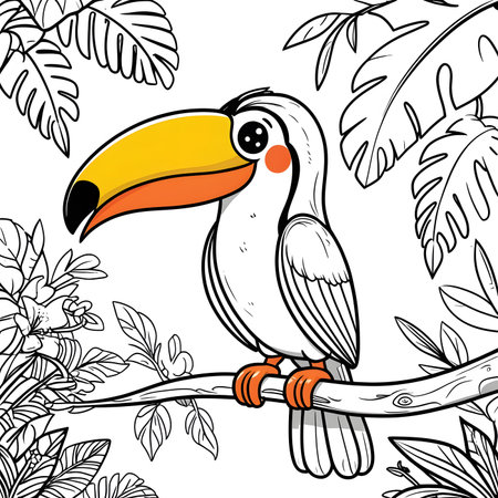 Toucan on the branch with leaves. Coloring book for children. Vector illustration.の素材