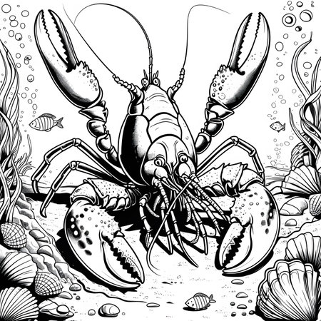 Lobster in the sea, black and white vector illustration.の素材