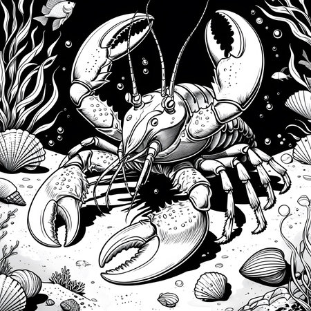 Lobster in the sea. Hand-drawn illustration. Black and white.の素材