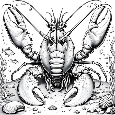 Lobster on the seabed. Black and white vector illustration.の素材