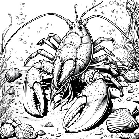 Lobster under the sea, black and white vector illustration.の素材