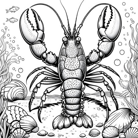 Lobster on the seabed. Coloring book for adults. Black and white vector illustration.の素材