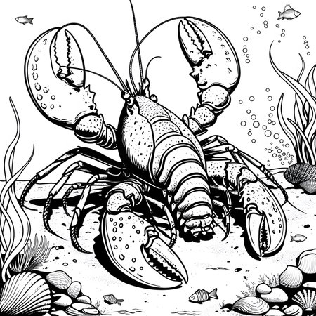 Lobster on the seabed. Black and white vector illustration.の素材