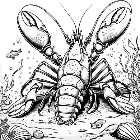Lobster on the seabed. Black and white illustration.の素材