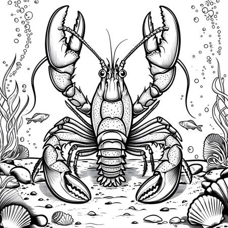 Lobster in the ocean. Black and white illustration for coloring book.の素材