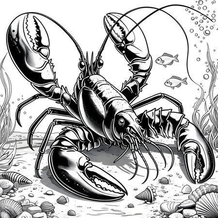 Lobster in the ocean. Black and white vector illustration.の素材