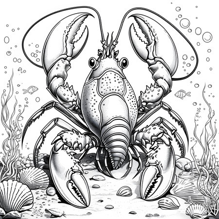 Lobster in the sea, black and white vector illustration.の素材