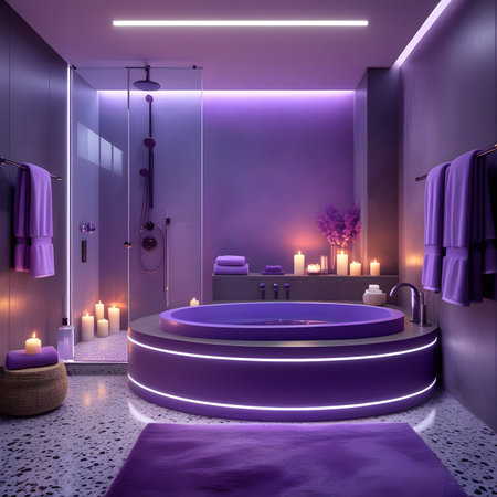 3D rendering of a modern bathroom with a purple bathtub.の素材
