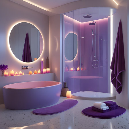 Bathroom interior with purple bathtub and round mirror. 3d renderingの素材