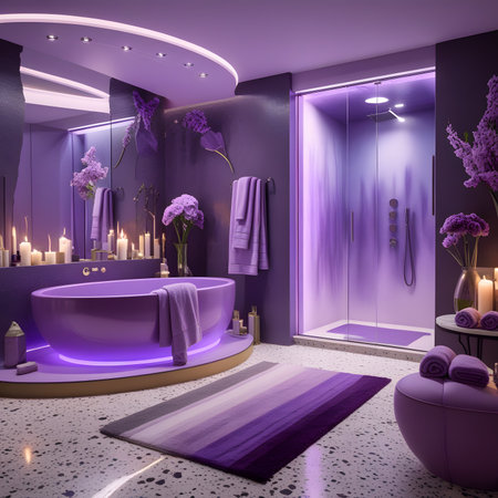 Modern bathroom interior with purple bathtub, purple towel and purple flowers. 3d renderの素材