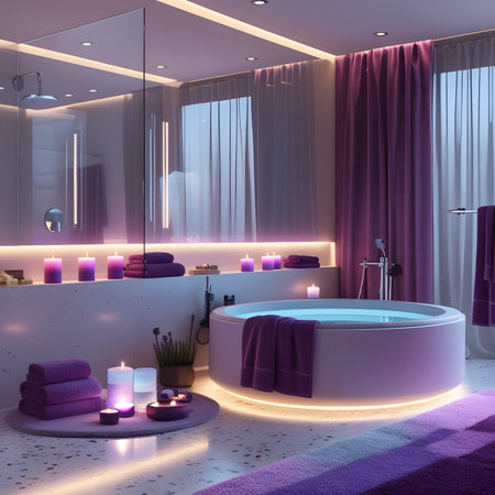 Luxury bathroom interior with a white bathtub and a purple towel. 3d rendering.の素材