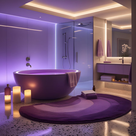 Luxury bathroom with purple walls, concrete floor, purple bathtub and round mirror. 3d renderingの素材