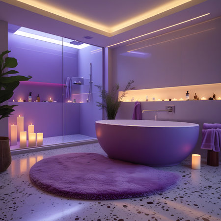 3d render purple bathroom with bathtub and candles in the cornerの素材