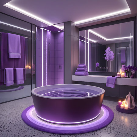 Interior of a modern bathroom with purple walls, concrete floor, purple bathtub and round mirror. 3d renderの素材