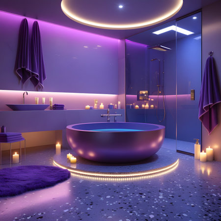 Luxury bathroom interior with purple bathtub and candles. 3d renderの素材