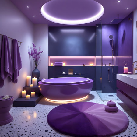 Modern bathroom with purple and purple walls, concrete floor, purple bathtub and round mirror. 3d renderingの素材