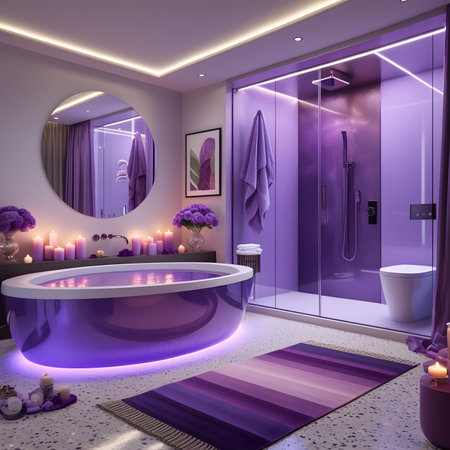 Luxury bathroom with purple walls, concrete floor, purple bathtub and purple towel. 3d renderingの素材