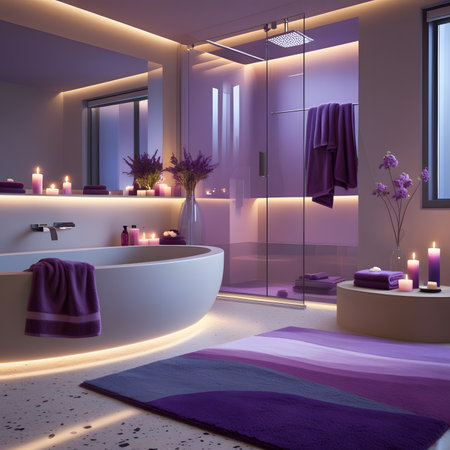 Bathroom interior with purple bathtub. 3D rendering.の素材