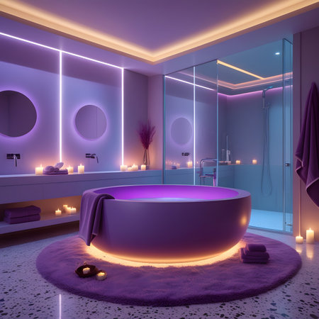 Luxury bathroom interior with purple bathtub. 3d renderの素材
