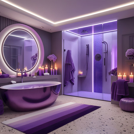 Bathroom interior with bathtub, purple towel and candles, 3d renderの素材