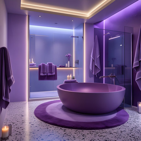 3d render of modern bathroom with purple bathtub and purple towelの素材