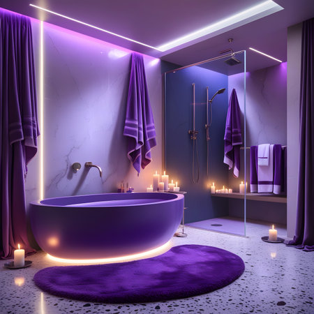 3d render interior of modern bathroom with purple and purple walls, concrete floor, purple bathtub and purple towel.の素材