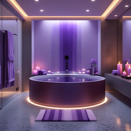 Modern bathroom with purple bathtub and mirror. 3D rendering.の素材