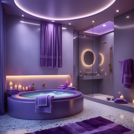 Luxury bathroom with purple walls, concrete floor, purple bathtub and purple towel. 3d renderingの素材