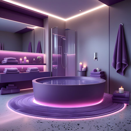 Interior of modern bathroom with purple walls, concrete floor, purple bathtub with purple towels and candles. 3d renderingの素材