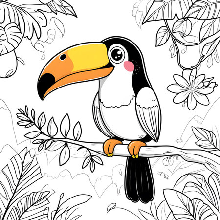 Toucan on a branch with tropical leaves. Vector illustration.の素材