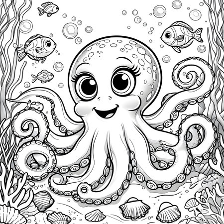 Cute cartoon octopus swimming in the sea. Coloring book for kidsの素材