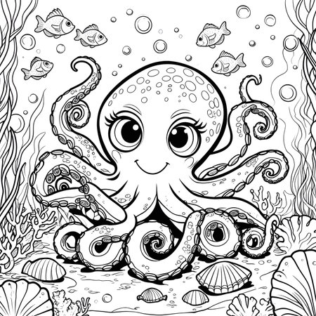 Cute octopus with sea life. Vector illustration in black and whiteの素材