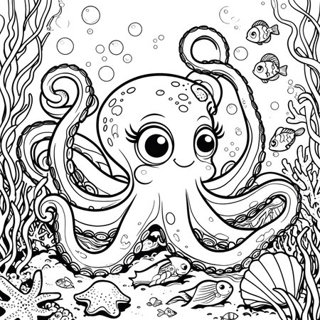 Cute cartoon octopus. Sea life. Vector illustration for coloring book.の素材