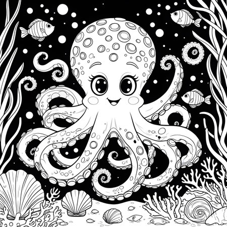 Cute octopus. Underwater world. Black and white vector illustration for coloring book.の素材