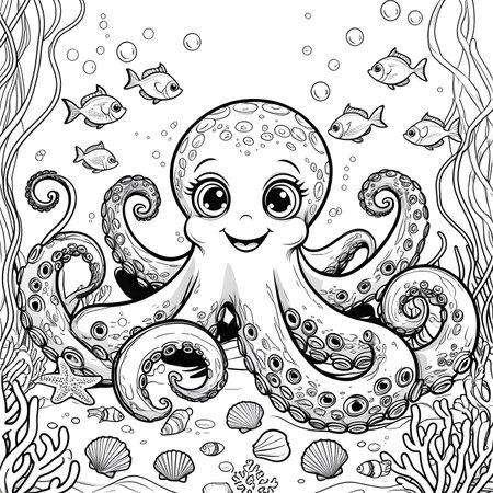 Cute cartoon octopus swimming in the sea. Coloring book page for adults.の素材