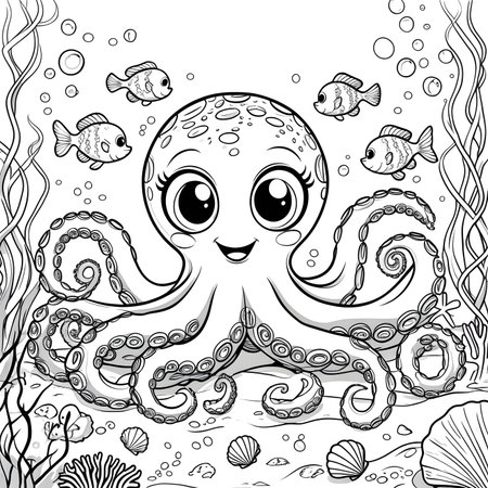 Cute octopus swimming in the sea, black and white vector illustrationの素材