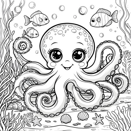Cute octopus and sea life. Black and white vector illustration for coloring book.の素材