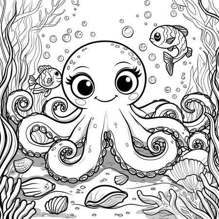 Coloring page with cute cartoon octopus and corals. Vector illustration.の素材