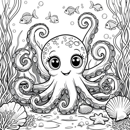Coloring page of cute octopus and corals. Vector illustrationの素材