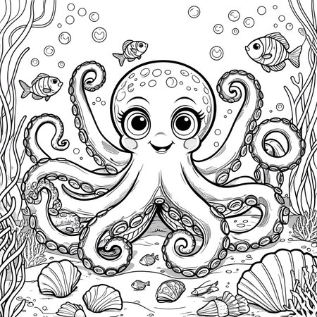 Cute octopus in the sea. Coloring book page for adults.の素材