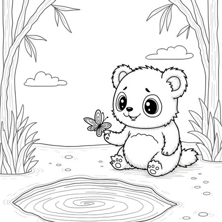 Cute cartoon bear in the jungle. Vector illustration for coloring bookの素材