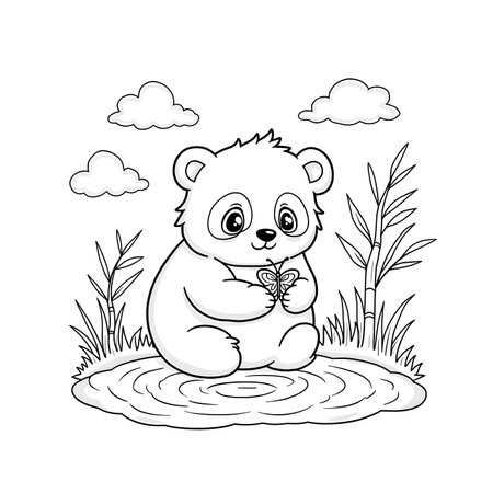 cute little panda bear in the garden vector illustration graphic designの素材