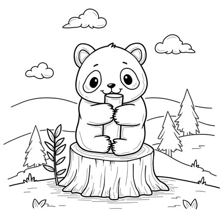 Coloring book for children: bear on a stump in the forestの素材