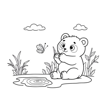 Coloring book for children: bear sitting on the grass and holding a butterflyの素材