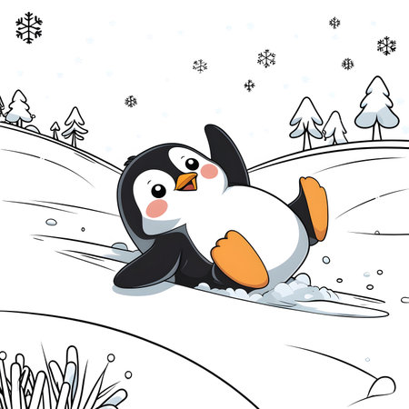 Cute penguin on the snow in the winter forest. Vector illustration.の素材