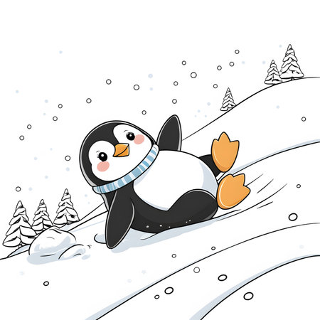 Penguin on the snow. Cute cartoon vector illustration.の素材
