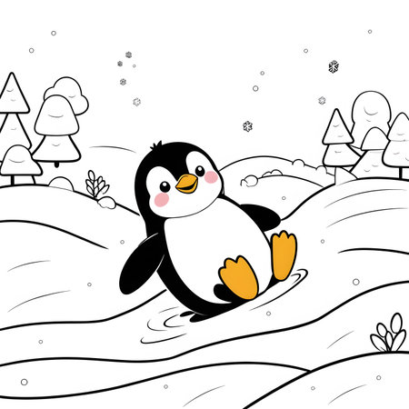 Cute penguin sitting on the snow in the forest. Vector illustrationの素材